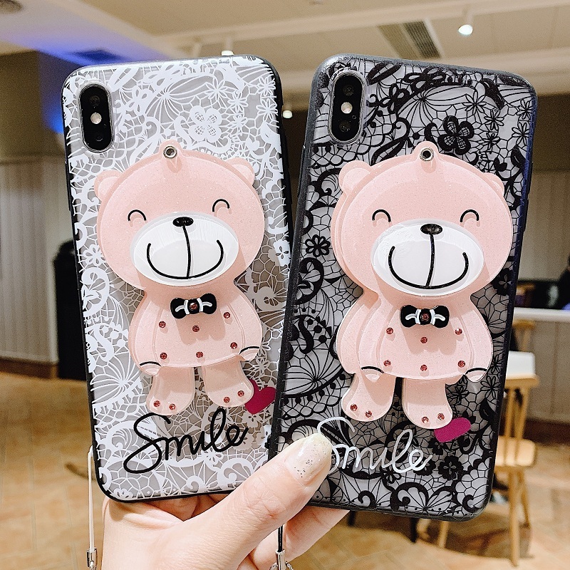 3D Cartoon Bear Lace Flower Mirror Phone Case For iPhone 11 Pro Max XS MAX X XR 8 6 6S Plus