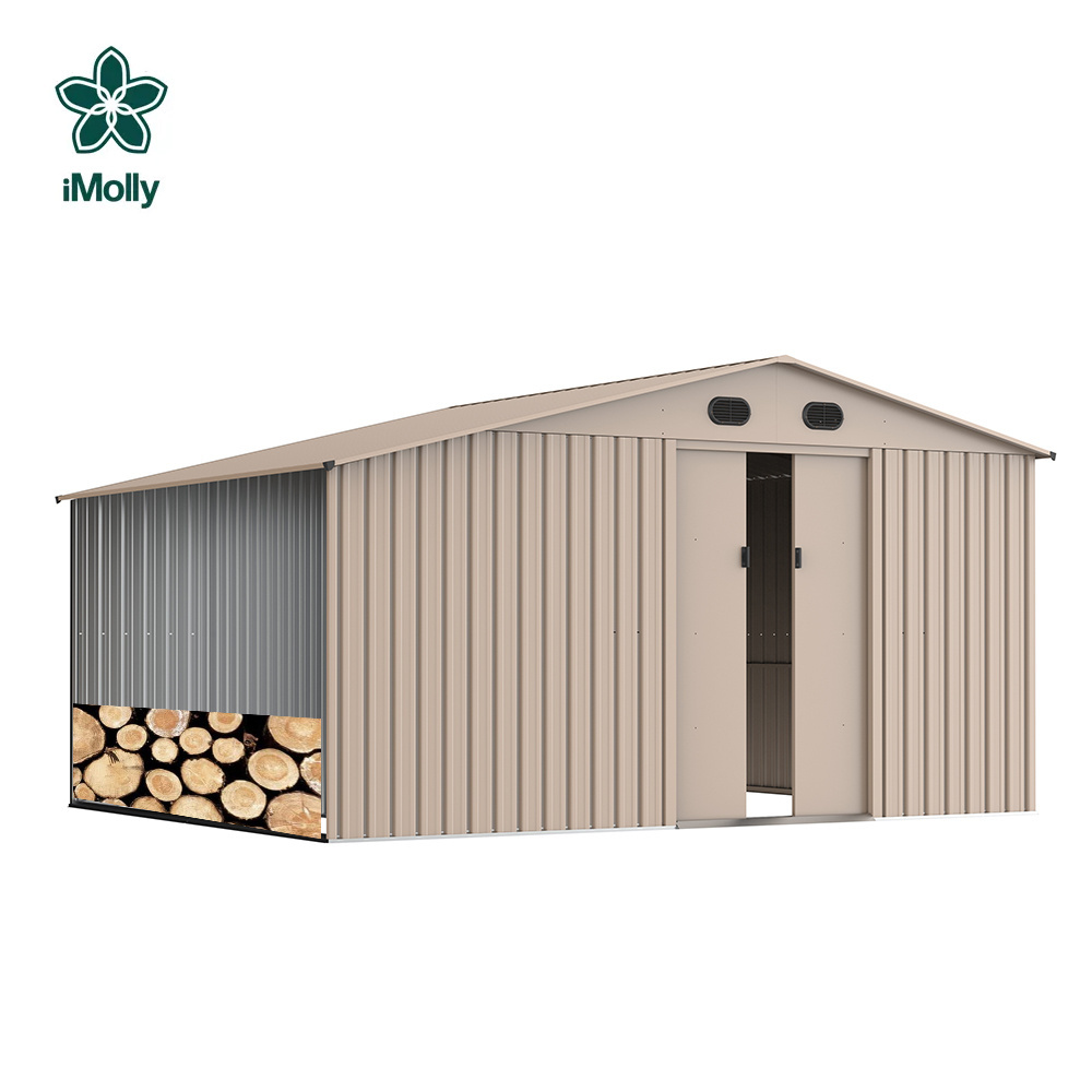 Newest Design 2-in-1 Multi-Use Outdoor Galvanized Steel Single Door Metal Shed with Firewood Storage House Sloped Roof Design