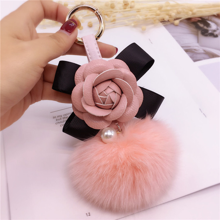 Factory Price flower Keyring charm pendant women bag fur ball key chain cute puffy bunny plush fluffy furball keychain