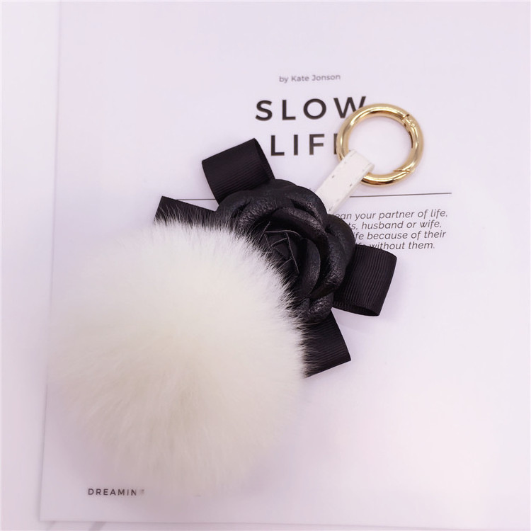 Factory Price flower Keyring charm pendant women bag fur ball key chain cute puffy bunny plush fluffy furball keychain