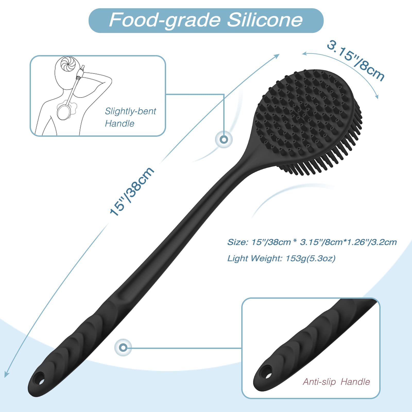 With 15-inch Long Handle Body Scrubber Silicone Back Scrubber for Bath Shower