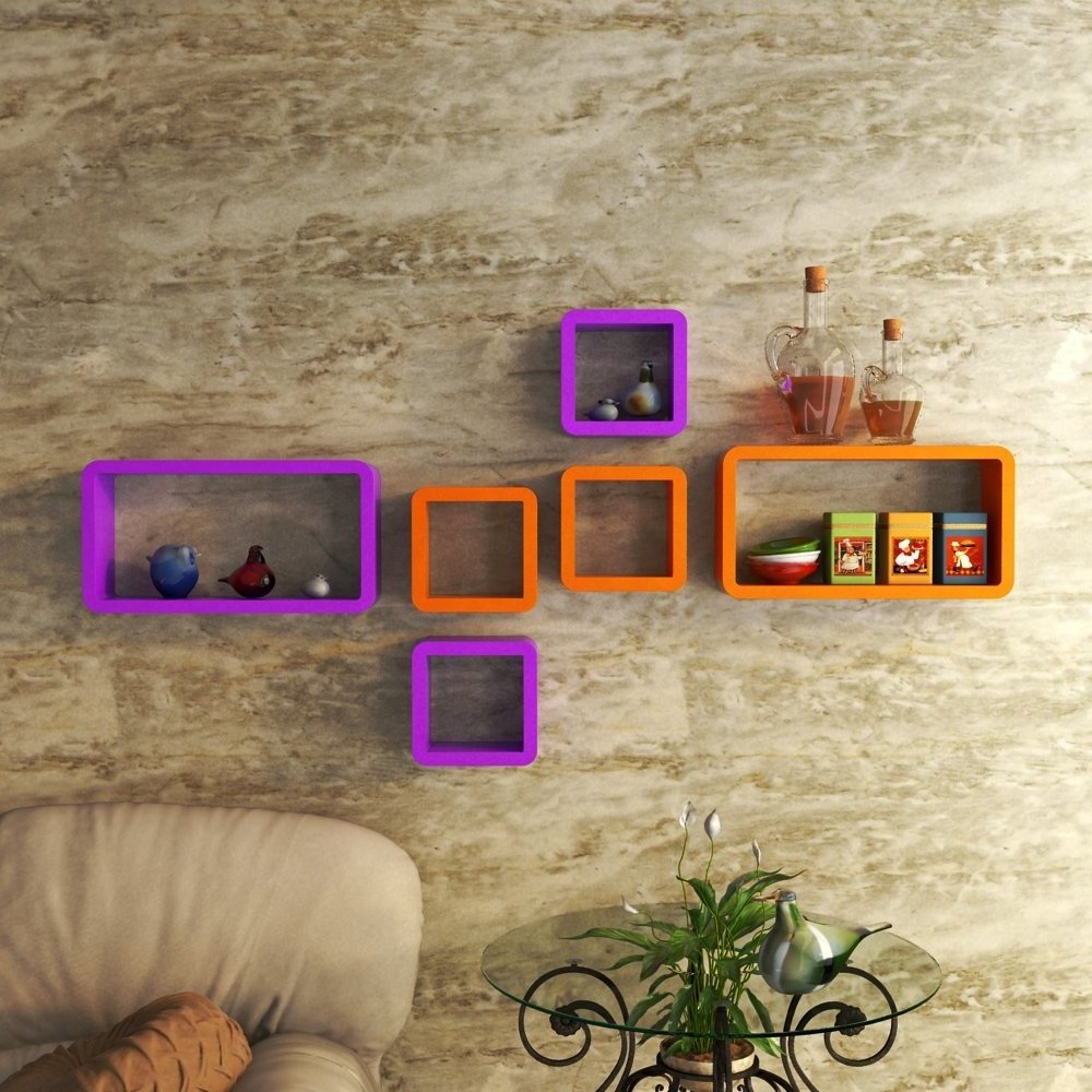 Designer Handmade Cube and Rectangle  Wall Shelves Book Shelf Floating Shelves For Her Office Room purple and Orange  Set Of 6