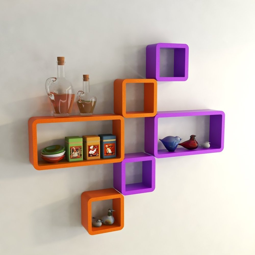 Designer Handmade Cube and Rectangle  Wall Shelves Book Shelf Floating Shelves For Her Office Room purple and Orange  Set Of 6