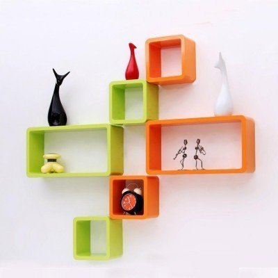 Designer Handmade  Cube and Rectangle  Wall Shelves Book Shelf Floating Shelves For Her Office Room Green and Orange  Set Of 6