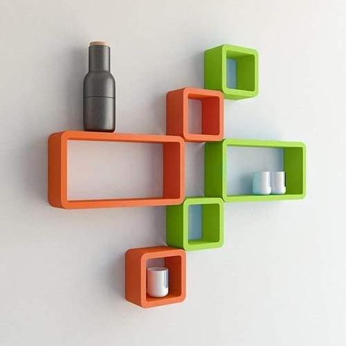 Designer Handmade  Cube and Rectangle  Wall Shelves Book Shelf Floating Shelves For Her Office Room Green and Orange  Set Of 6