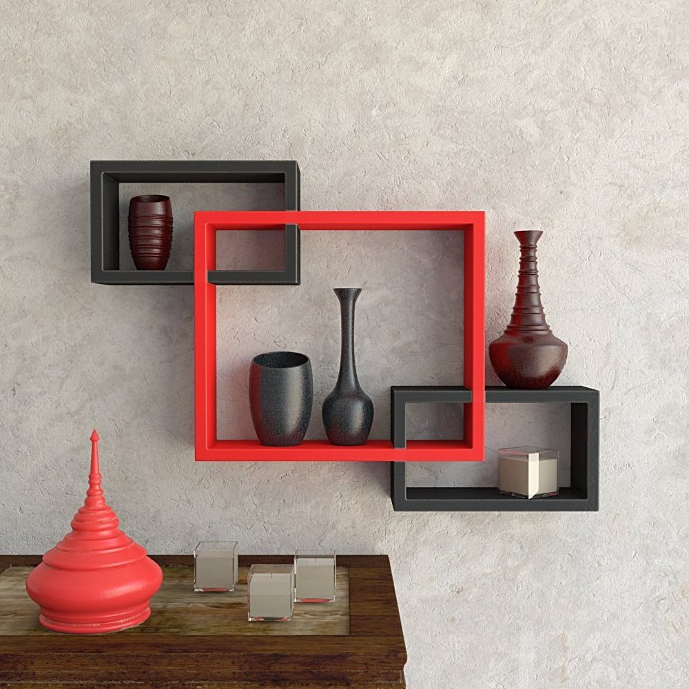 Rectangular Intersecting Floating Wall Mount Shelves Storage & Display For Her Office Room Black and Red Color  Set Of 3