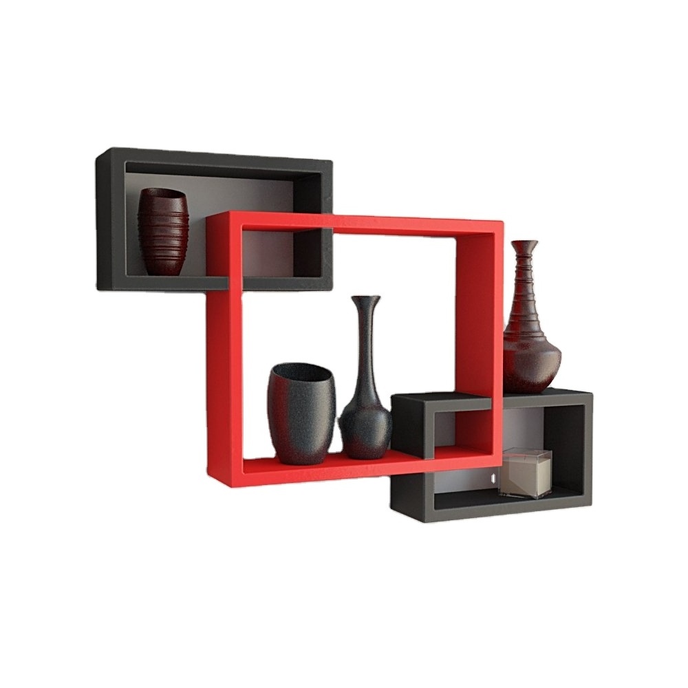 Rectangular Intersecting Floating Wall Mount Shelves Storage & Display For Her Office Room Black and Red Color  Set Of 3