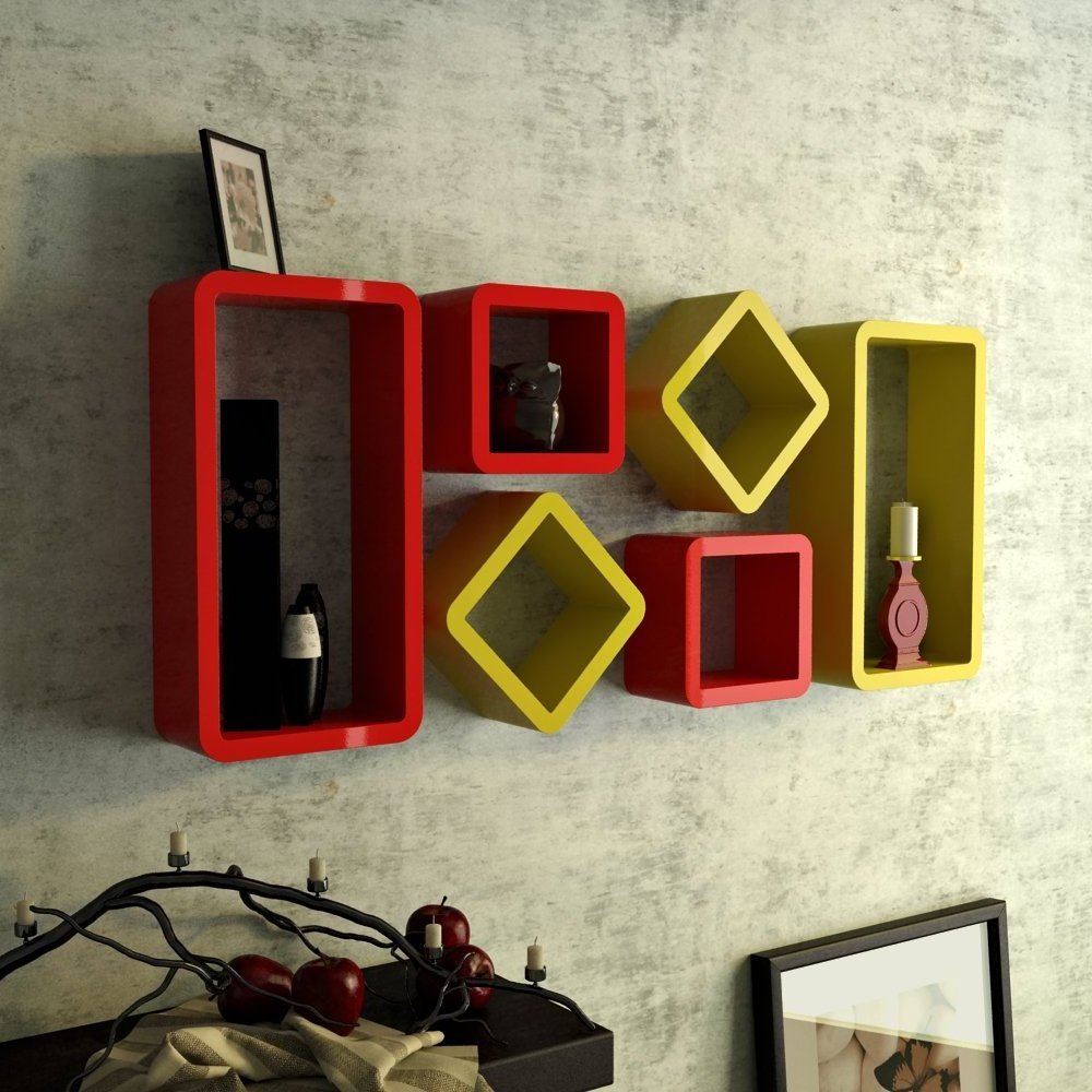 Designer Handmade Cube and Rectangle  Wall Shelves Book Shelf Floating Shelves For Her Office Room Red and yellow   Set Of 6