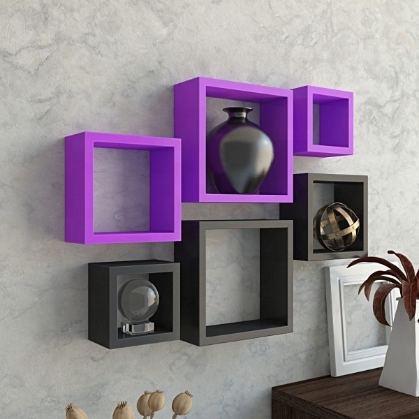 Designer Handmade Square Wall Shelves Book Shelf Floating Shelves For Her Office Room Black and Purple Color  Set Of 6