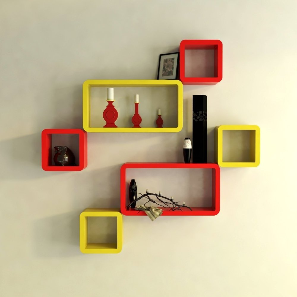 Designer Handmade Cube and Rectangle  Wall Shelves Book Shelf Floating Shelves For Her Office Room Red and yellow   Set Of 6