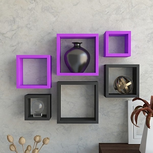 Designer Handmade Square Wall Shelves Book Shelf Floating Shelves For Her Office Room Black and Purple Color  Set Of 6