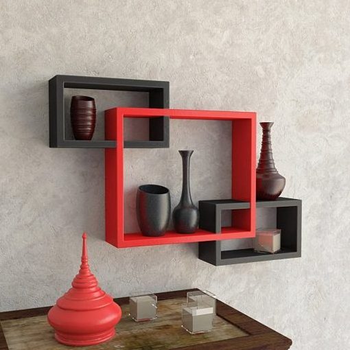 Rectangular Intersecting Floating Wall Mount Shelves Storage & Display For Her Office Room Black and Red Color  Set Of 3