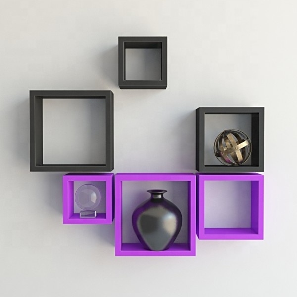 Designer Handmade Square Wall Shelves Book Shelf Floating Shelves For Her Office Room Black and Purple Color  Set Of 6