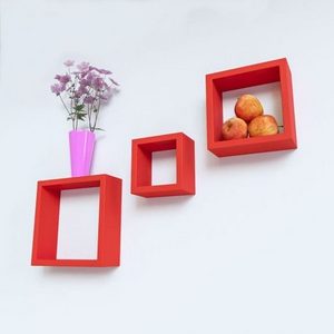 Designer Handmade Square Wall Shelves Book Shelf Floating Shelves For Her Office Room Red Color  Set Of 3