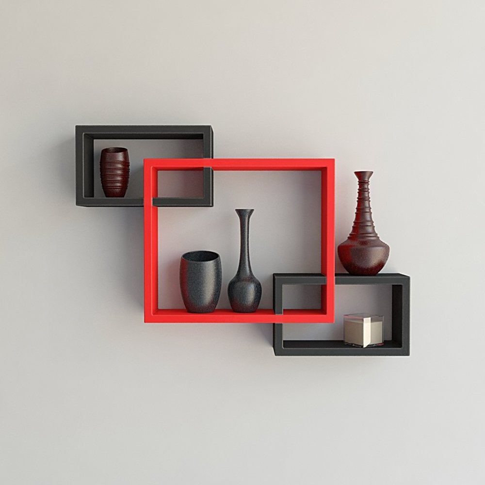 Rectangular Intersecting Floating Wall Mount Shelves Storage & Display For Her Office Room Black and Red Color  Set Of 3