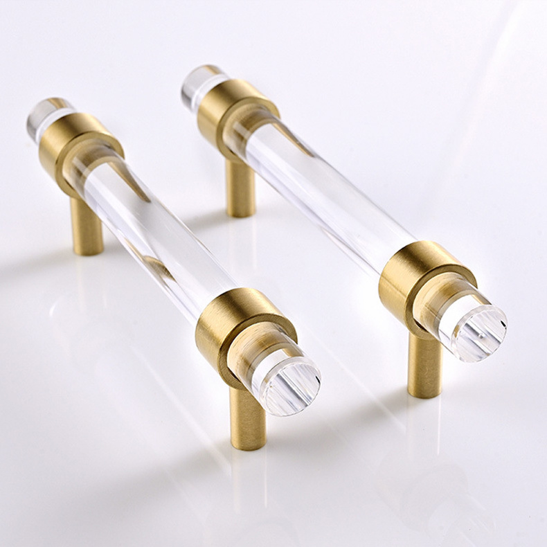 High Quality T Bar Kitchen Furniture Hardware Pulls Adjustable Brass Base Clear Acrylic Cabinet Pulls and Handles