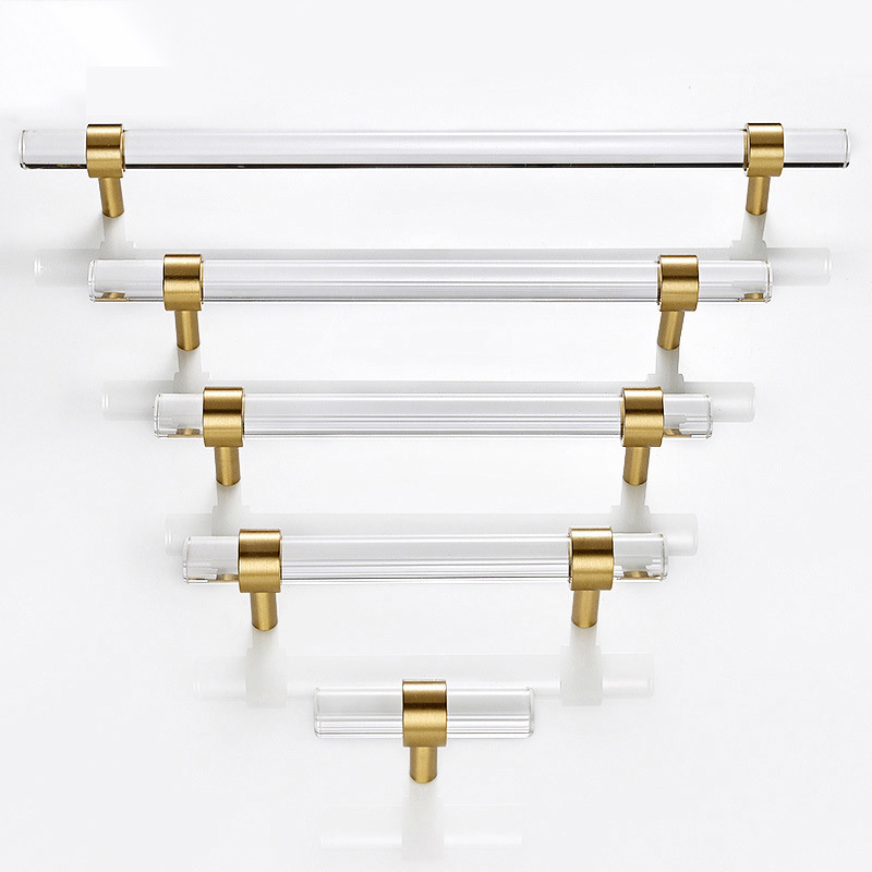 High Quality T Bar Kitchen Furniture Hardware Pulls Adjustable Brass Base Clear Acrylic Cabinet Pulls and Handles