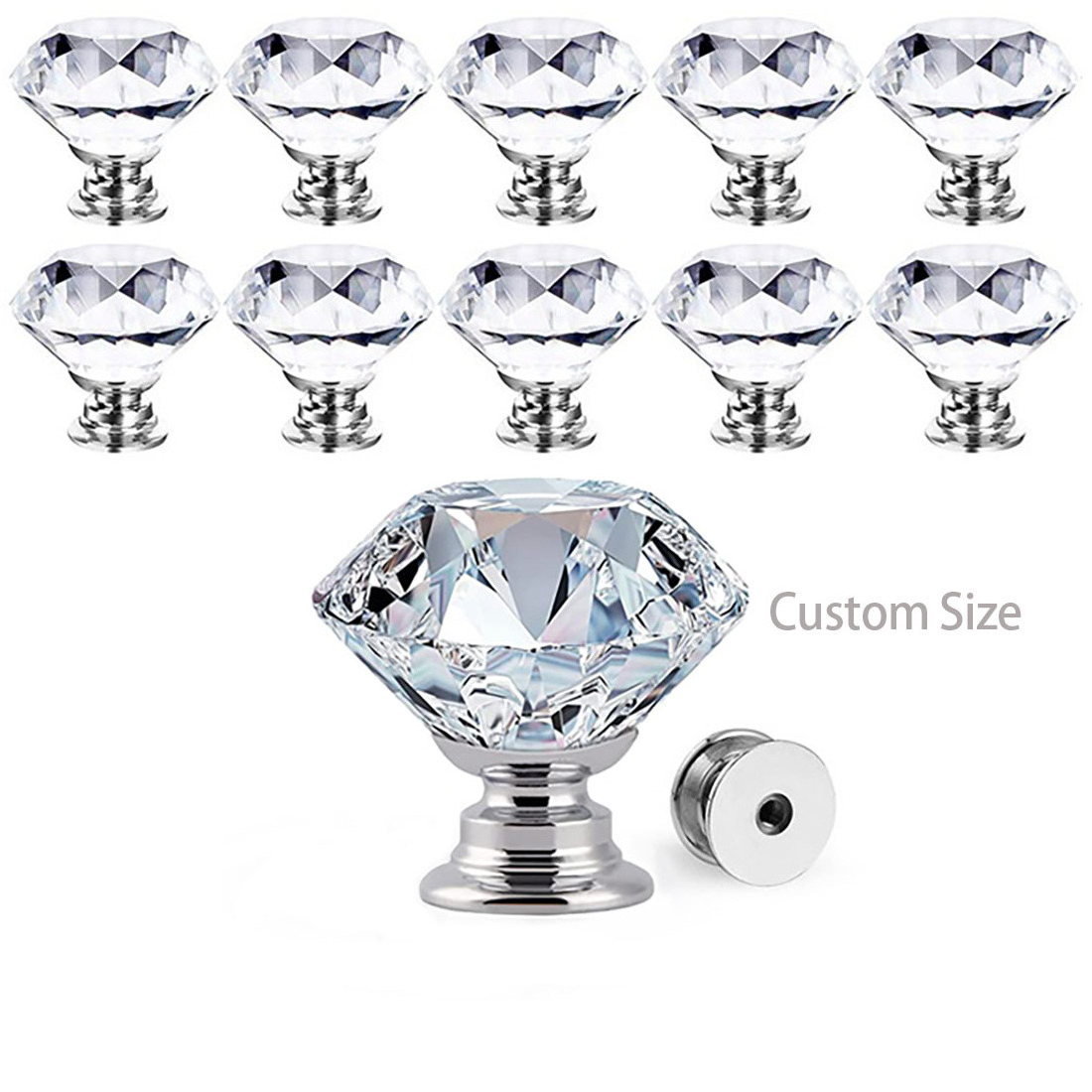 High Quality 30MM Crystal Clear Glass Dresser Knobs Silver Diamond Drawer Knobs Pulls