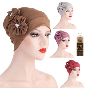 ELLEWIN Custom 2022 women's pearl flower fashion Female Turban Head Wrap Muslim Hijab Hats for Women