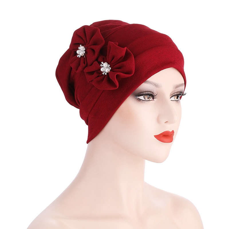 ELLEWIN Custom 2022 women's pearl flower fashion Female Turban Head Wrap Muslim Hijab Hats for Women