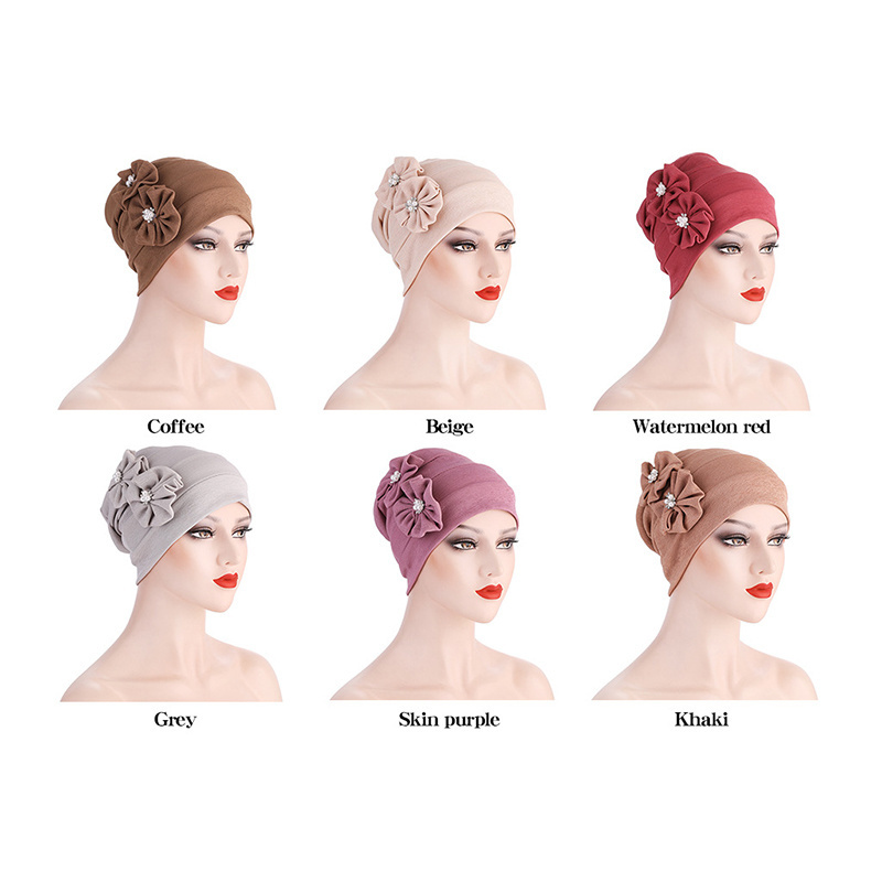 ELLEWIN Custom 2022 women's pearl flower fashion Female Turban Head Wrap Muslim Hijab Hats for Women