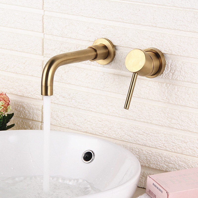 Wall Faucet Brass Bathroom Sink Wall Mounted with Single Handle brushed gold Faucet