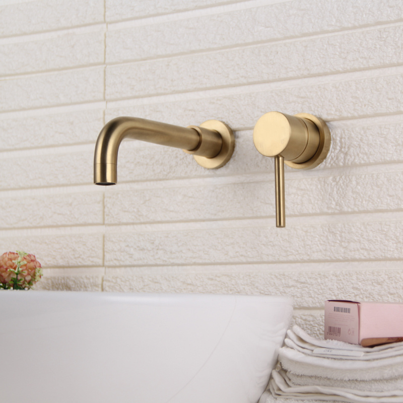 Wall Faucet Brass Bathroom Sink Wall Mounted with Single Handle brushed gold Faucet