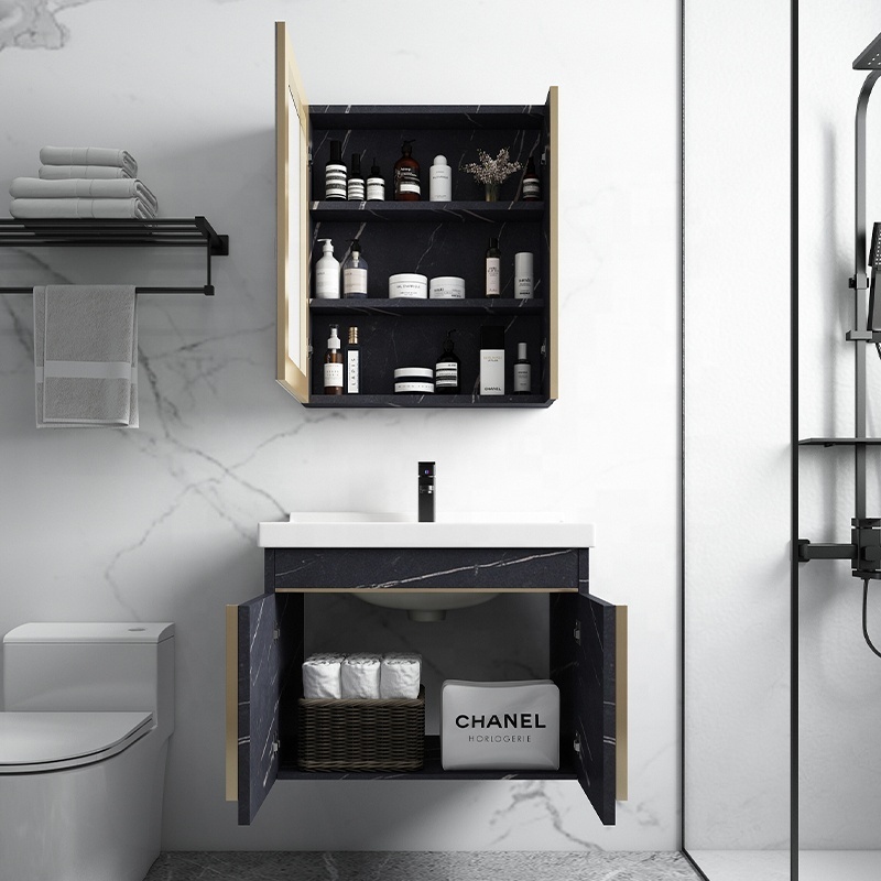 Luxury Well-design Modern Stainless Steel Black Bathroom Cabinet Vanity with Mirror and Basin