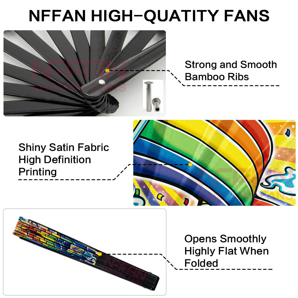 Custom Printed 33cm Large Folding Loud Clack Bamboo Wooden Hand Held Fan for Rave Festivals Accessories