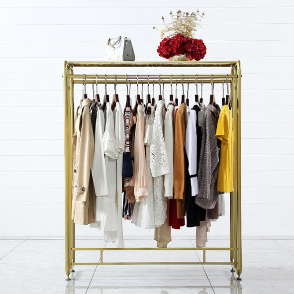 Wholesale Double Rail Floor Standing Shelf Metal Garment Rack Gold Clothes Display Rack For Clothing Shop