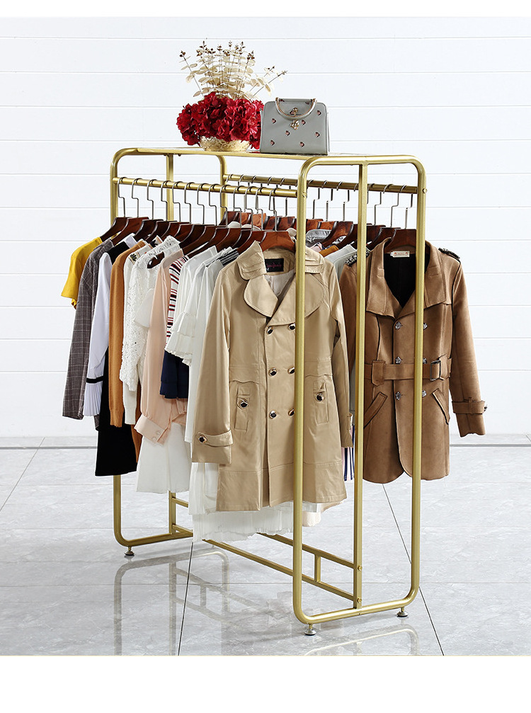 Wholesale Double Rail Floor Standing Shelf Metal Garment Rack Gold Clothes Display Rack For Clothing Shop