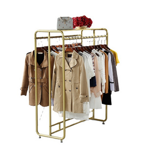 Wholesale Double Rail Floor Standing Shelf Metal Garment Rack Gold Clothes Display Rack For Clothing Shop