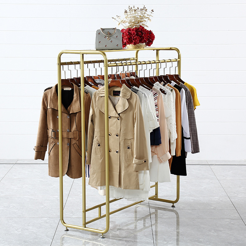 Wholesale Double Rail Floor Standing Shelf Metal Garment Rack Gold Clothes Display Rack For Clothing Shop