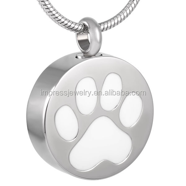 IJD8088 Round Shape 316L Stainless Steel Pet Memorial Urn Jewelry White/Black Paw print Cremation keepsake necklaces for ashes