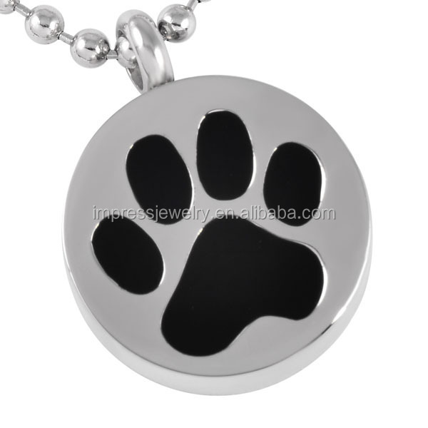 IJD8088 Round Shape 316L Stainless Steel Pet Memorial Urn Jewelry White/Black Paw print Cremation keepsake necklaces for ashes