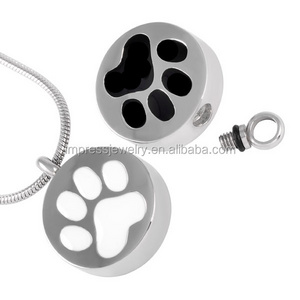 IJD8088 Round Shape 316L Stainless Steel Pet Memorial Urn Jewelry White/Black Paw print Cremation keepsake necklaces for ashes