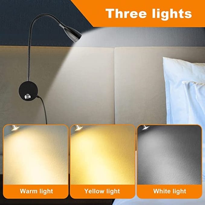 Reading Lamp Wall Mounted Bedside Lamp Touch 3W Dimmable LED Reading Lamp Bed with Switch USB Flexible Gooseneck Reading Light