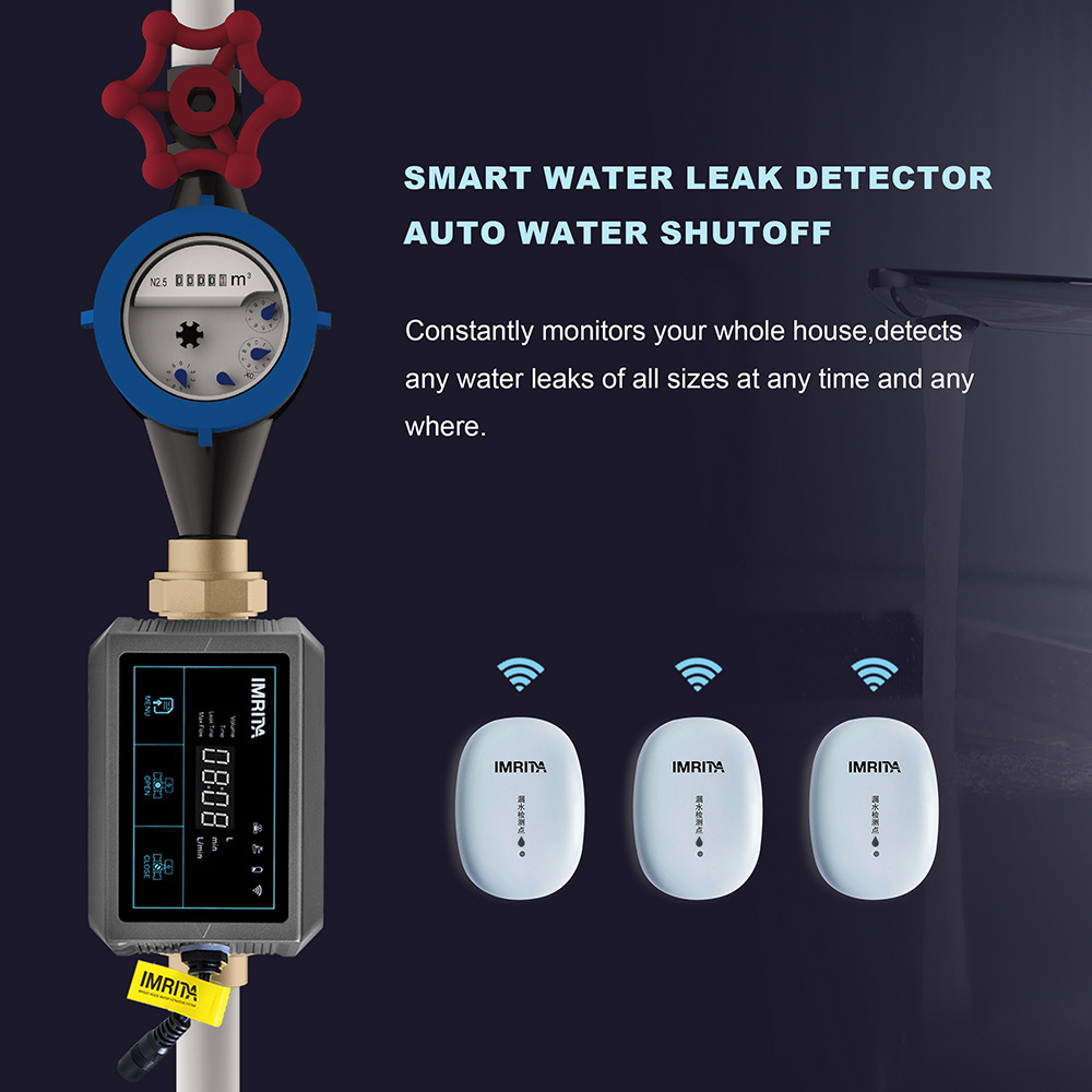 IMRITA Smart Wifi APP control Water Leak Flood Detection Flow Sensor Water Leak Detector fuga de agua With Shut Off Valve