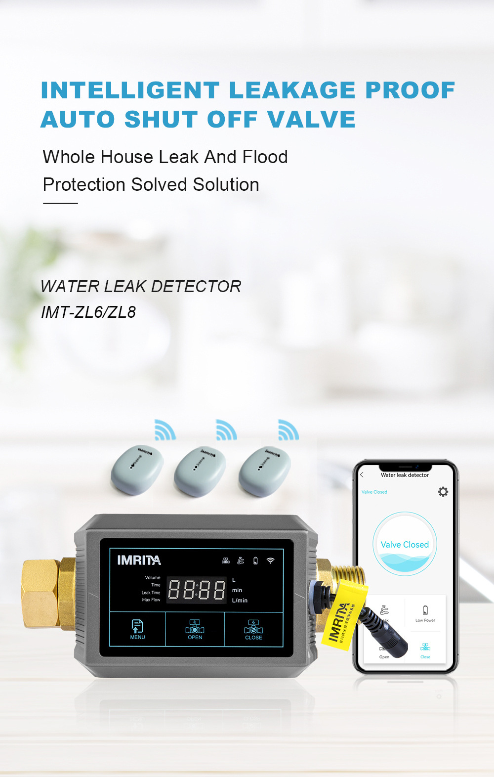 IMRITA Smart Wifi APP control Water Leak Flood Detection Flow Sensor Water Leak Detector fuga de agua With Shut Off Valve