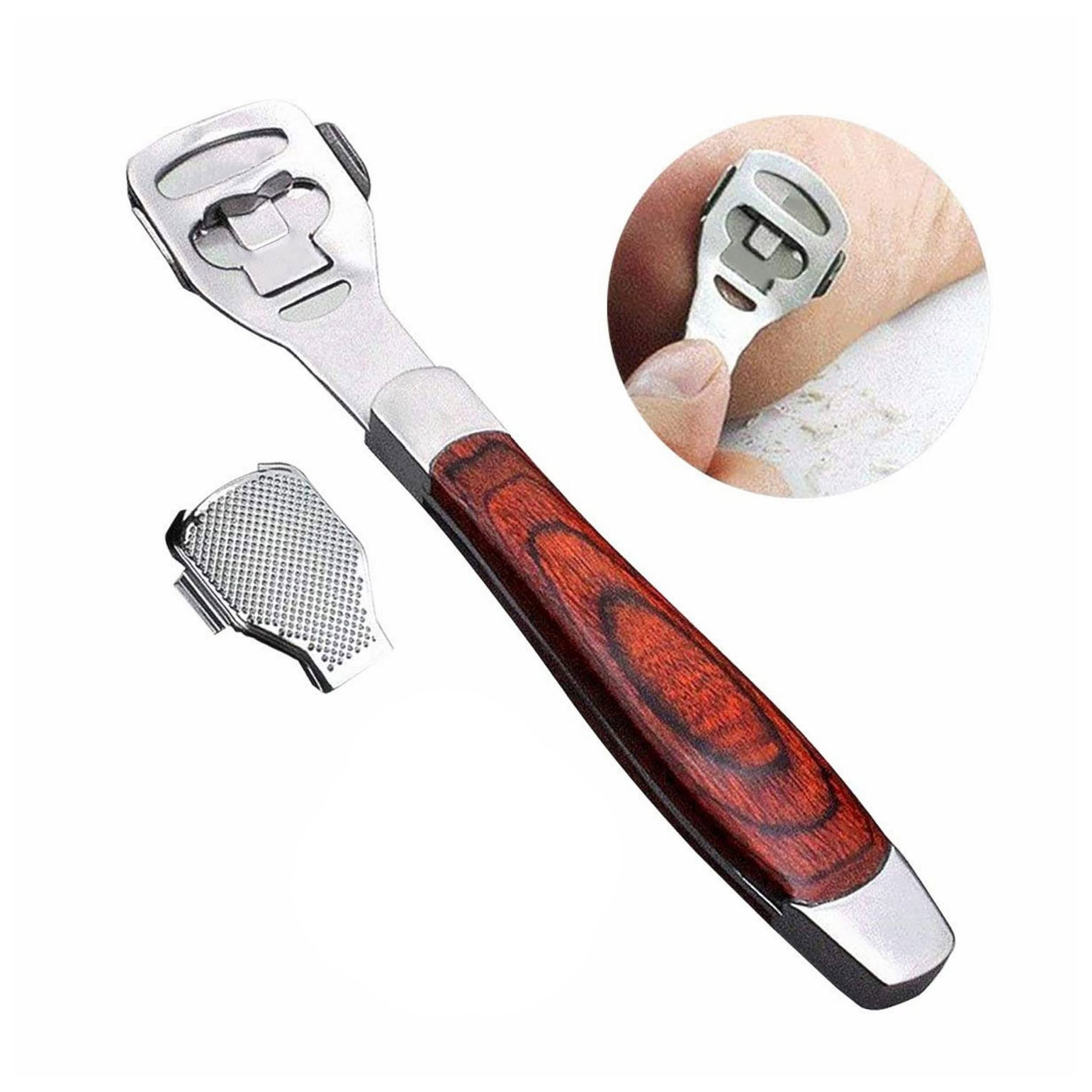 Stainless Steel Callus Shaver Pedicure Dead Hard Skin Remover Heel Razor Wooden Handle Cutter With Skin Rub & 10 Blades