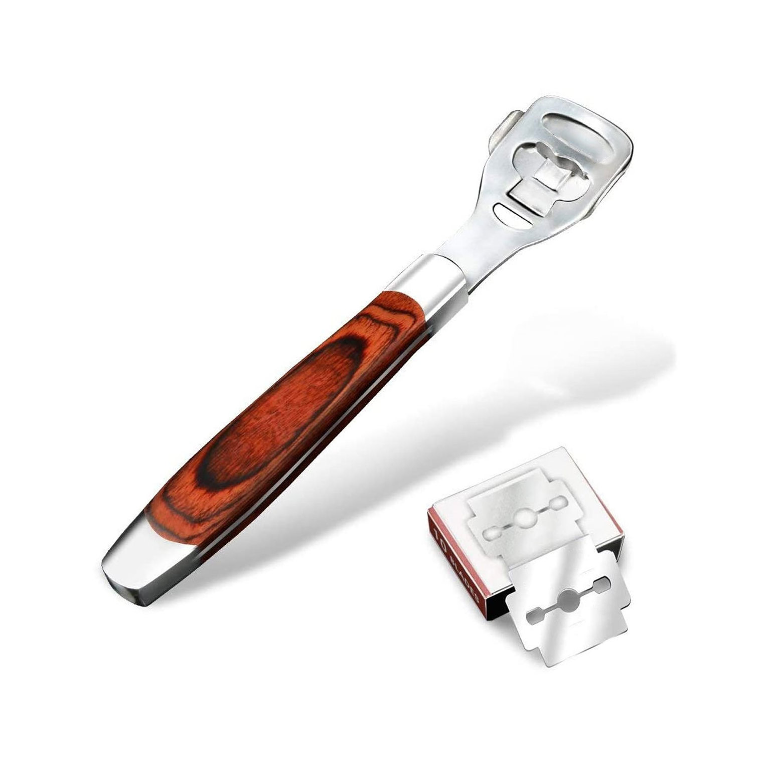 Stainless Steel Callus Shaver Pedicure Dead Hard Skin Remover Heel Razor Wooden Handle Cutter With Skin Rub & 10 Blades