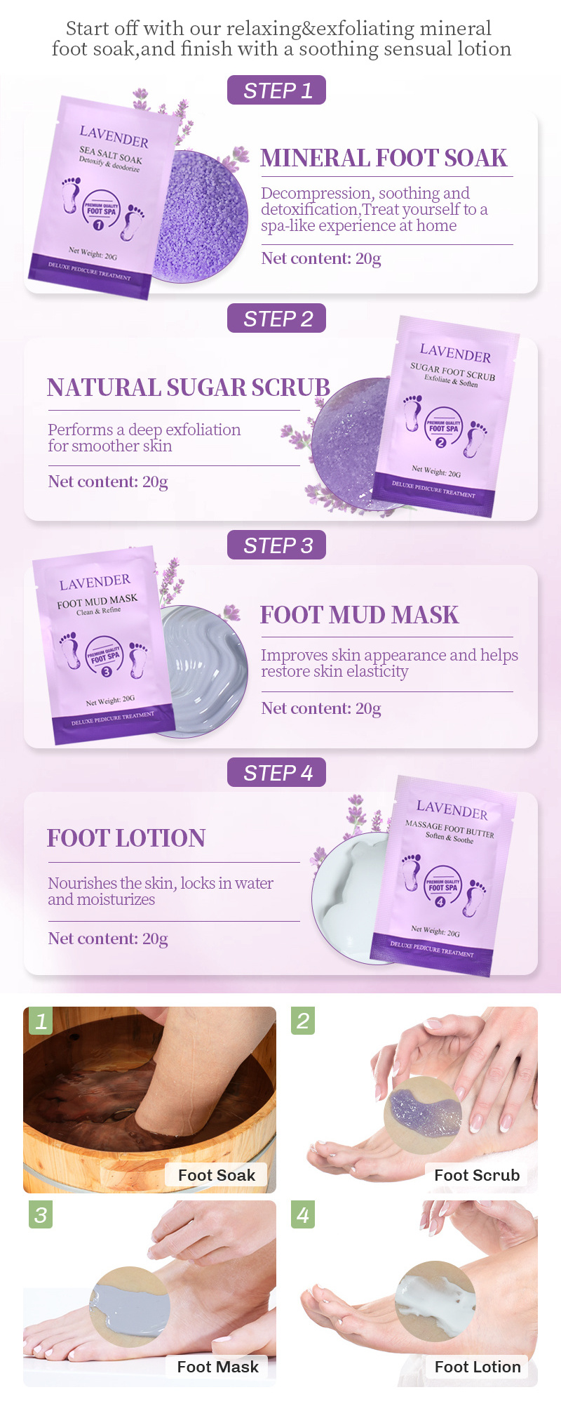 4 In 1 Exfoliating Home Foot Spa Pedicure Set,Foot Soak ,Sugar Scrub, Foot Mud Mask, Foot Lotion, Individually Wrapped