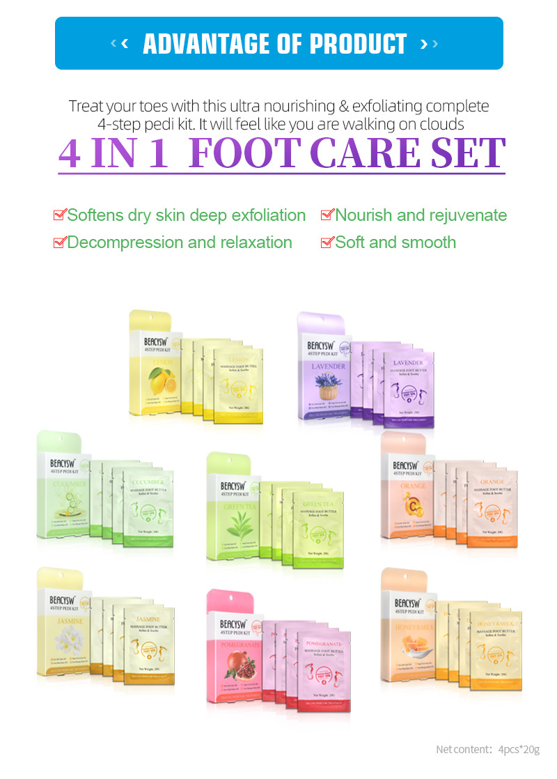 4 In 1 Exfoliating Home Foot Spa Pedicure Set,Foot Soak ,Sugar Scrub, Foot Mud Mask, Foot Lotion, Individually Wrapped