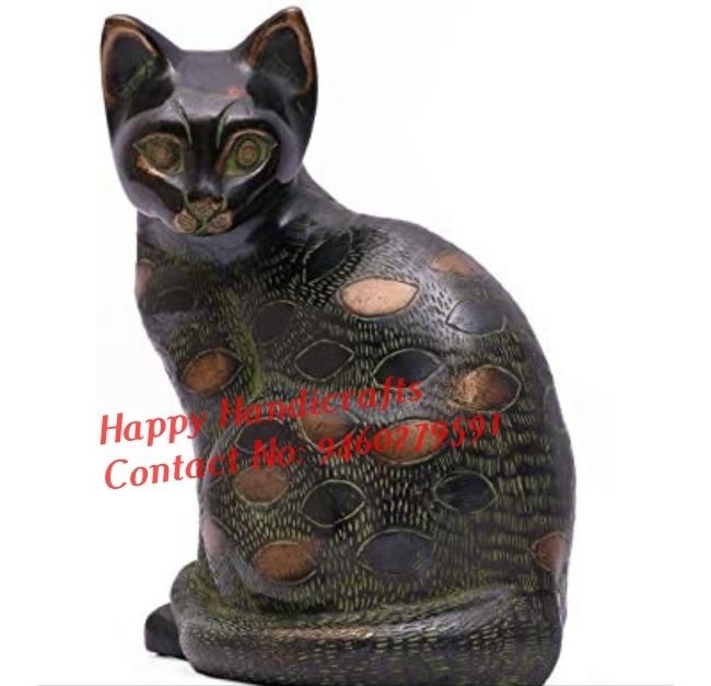 Hand Carved Brass Painted Wooden & Iron Black Fine Emboss Cat Showpiece Figurine Statue