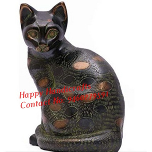 Hand Carved Brass Painted Wooden & Iron Black Fine Emboss Cat Showpiece Figurine Statue