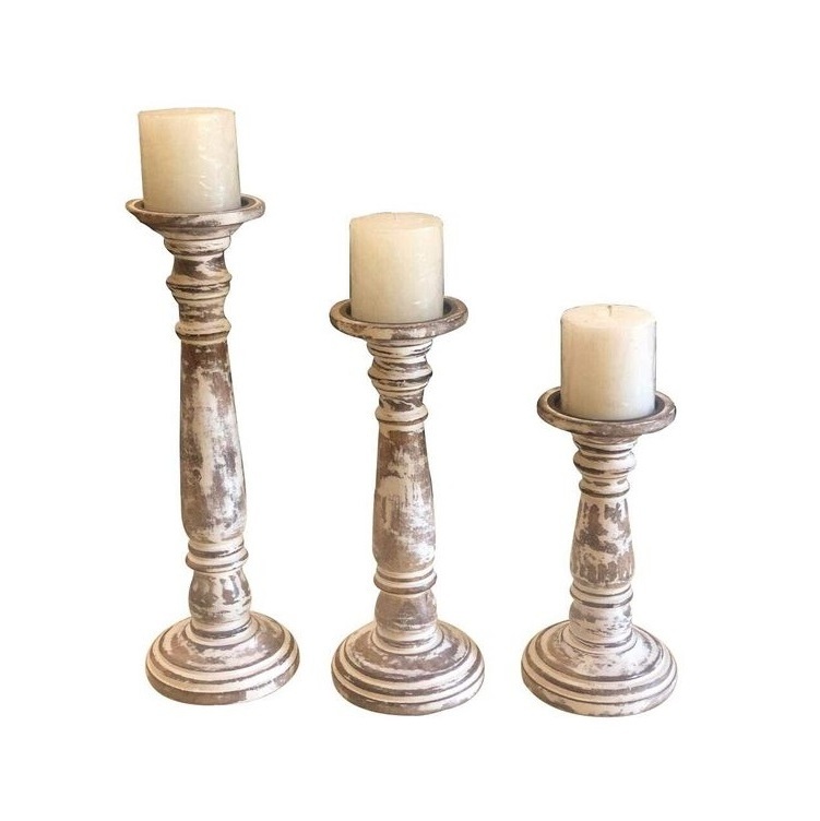 Rustic grey Hand Carved Mango Wood Candle Holders for Pillar Candles Premium Quality Festival Decoration