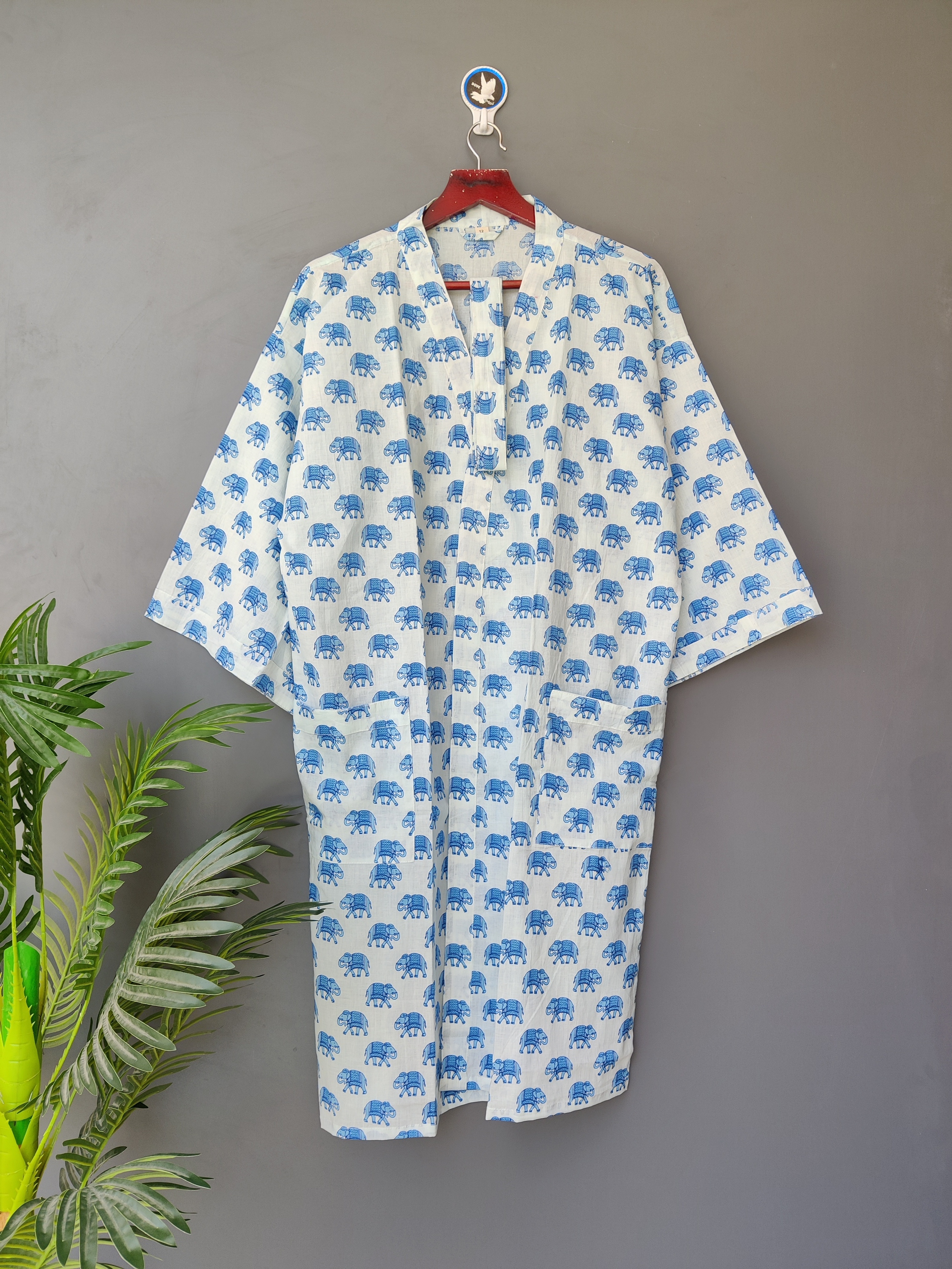 Beautiful Cotton Hand Block Elephant Printed Kimono Light Weight Women Sleep Wear Robe