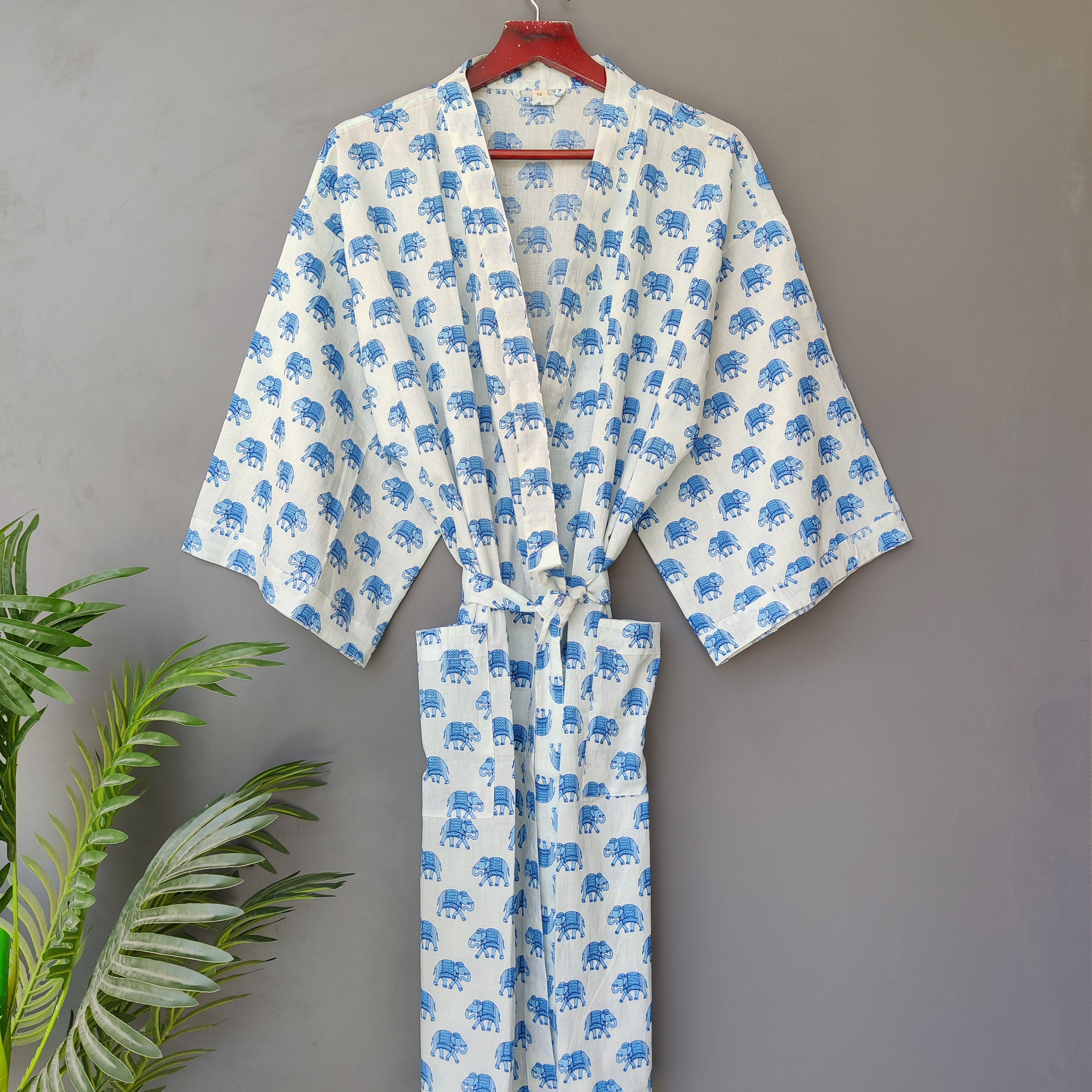 Beautiful Cotton Hand Block Elephant Printed Kimono Light Weight Women Sleep Wear Robe