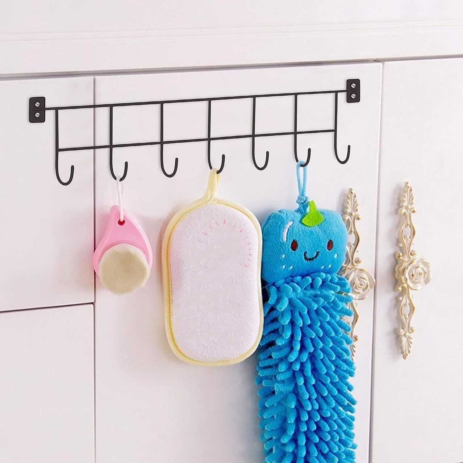 Wall Mounted Hook Rail Hanging Organizer Heavy Duty Iron Multifunctional Door Mount 7-Hooks Rack for Kitchen Utensils, Bathroom