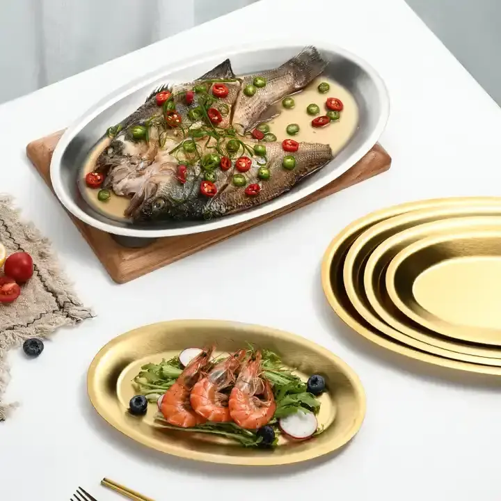 Luxury Style Stainless Steel Gold And Silver Plated Dinnerware Dishes & Plates gold plated serving tray restaurant serving plate